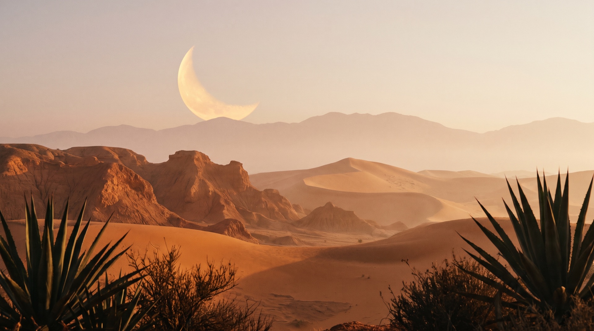 Desert dunes under a crescent moon at dawn
