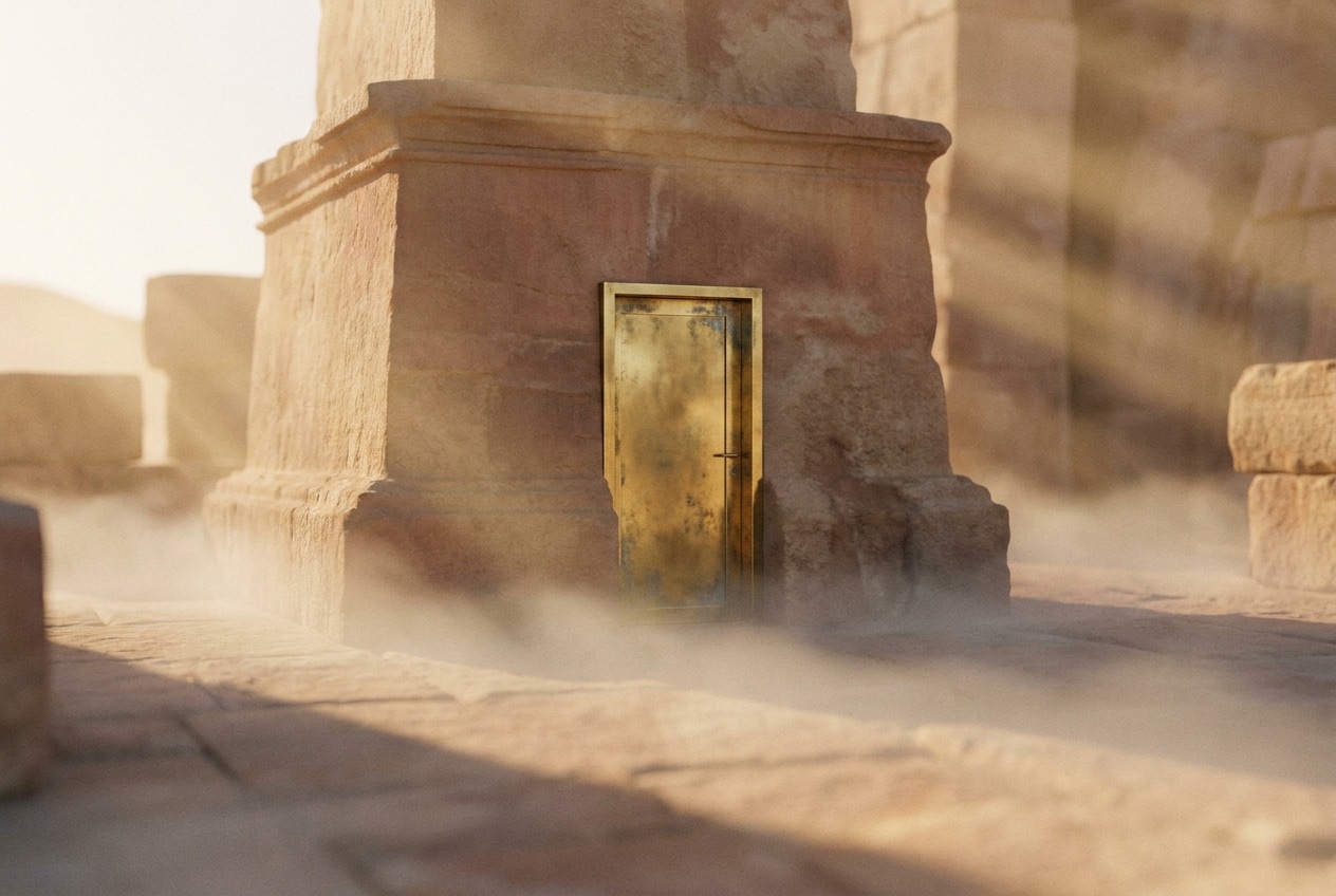 A brass vault door set into warm sandstone at dawn