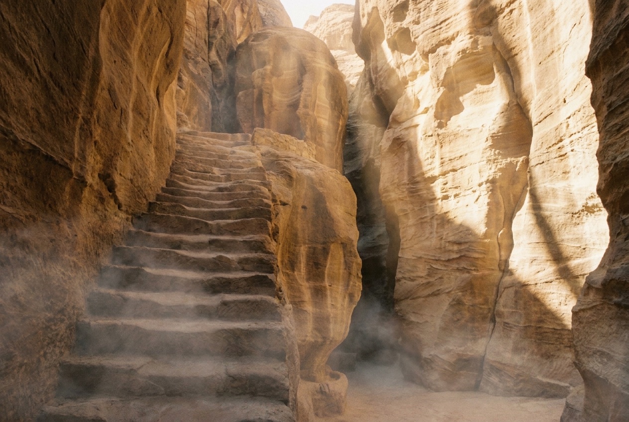 A carved stone staircase ascending toward dawn light
