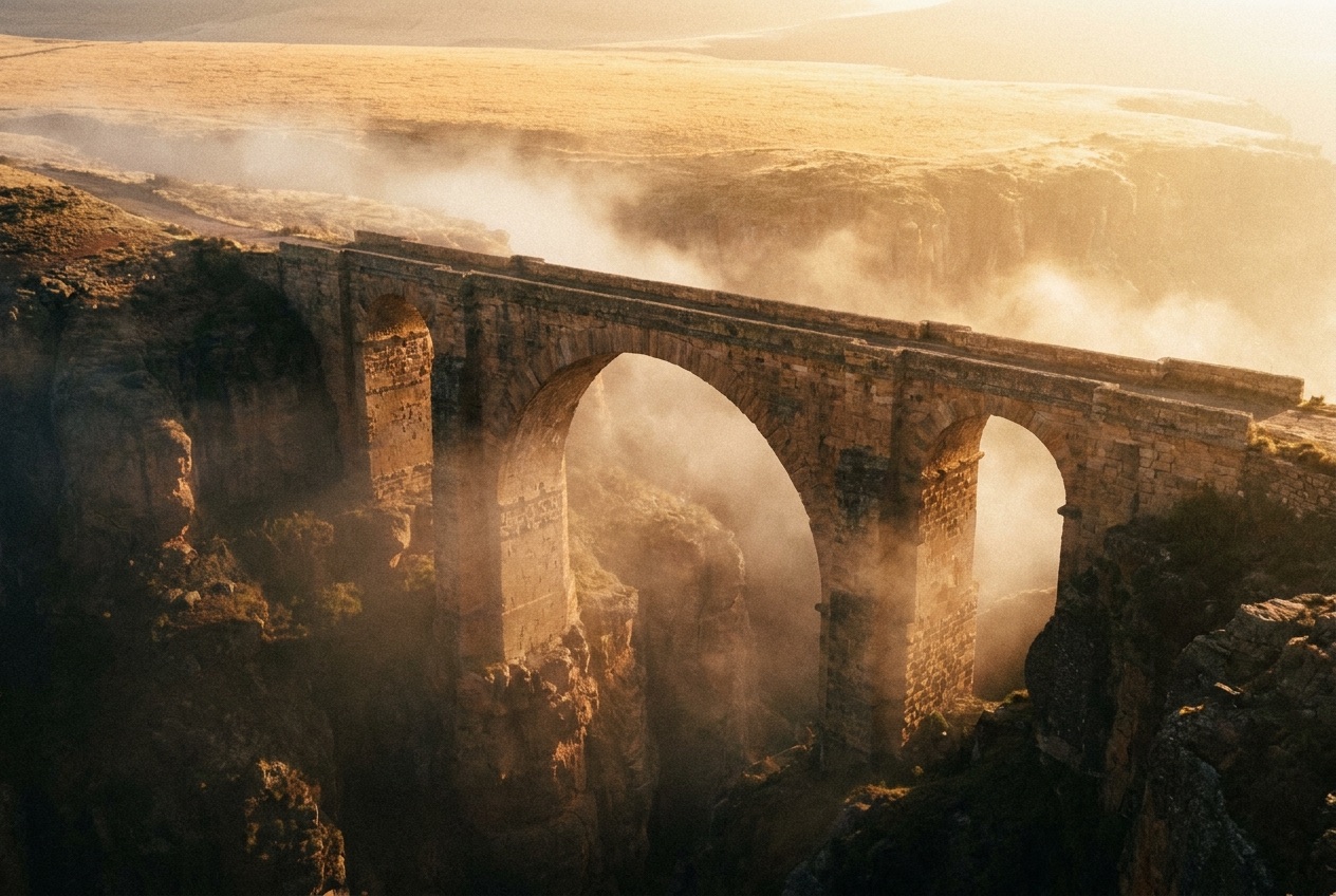 A stone bridge crossing a misty ravine at dawn