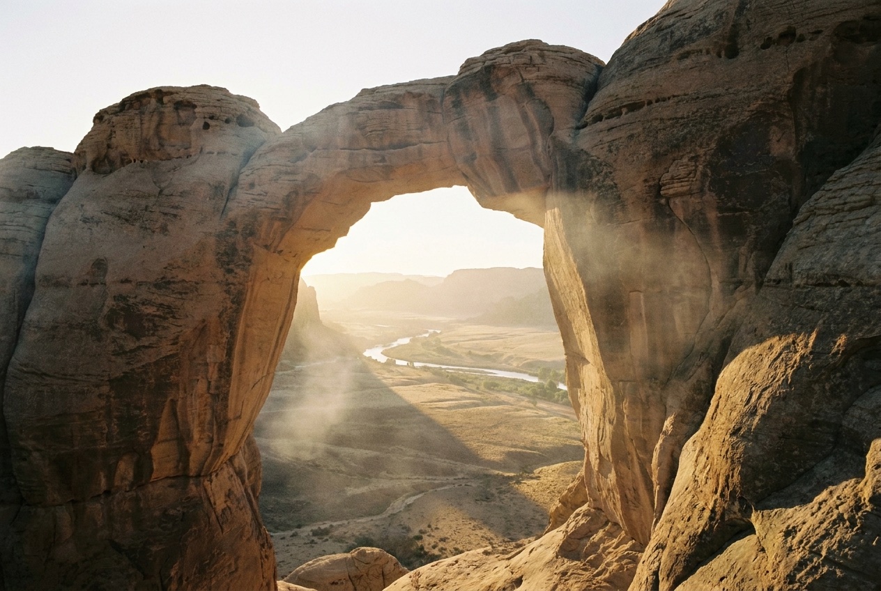 A sandstone archway opening onto a sunlit valley