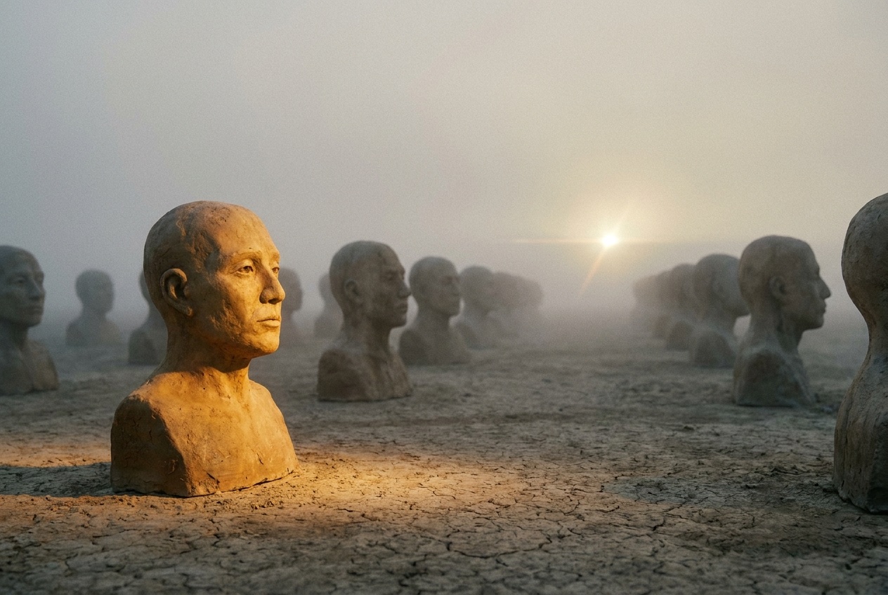 One warm-lit stone bust turning from rows of identical gray busts